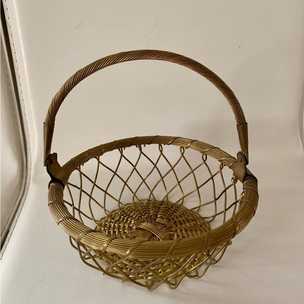 Vintage Hand Crafted Woven Wire Brass Basket With Handle
